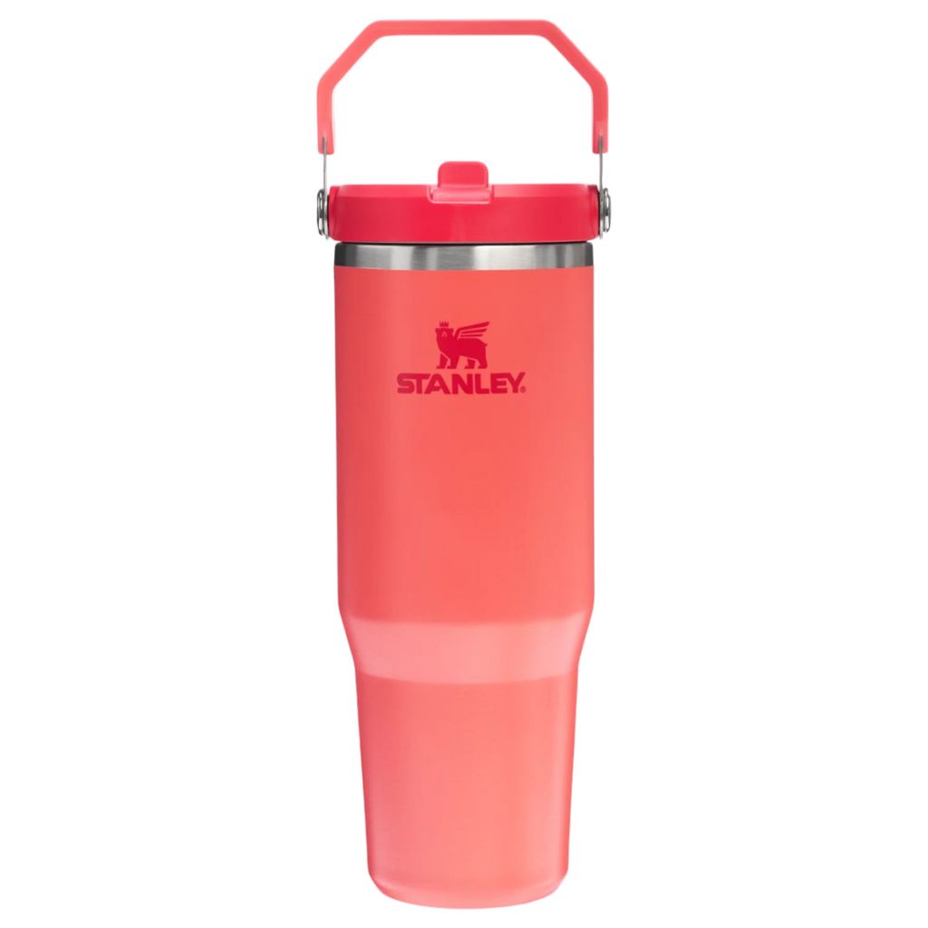 Red Stanley tumbler with handle on a white background