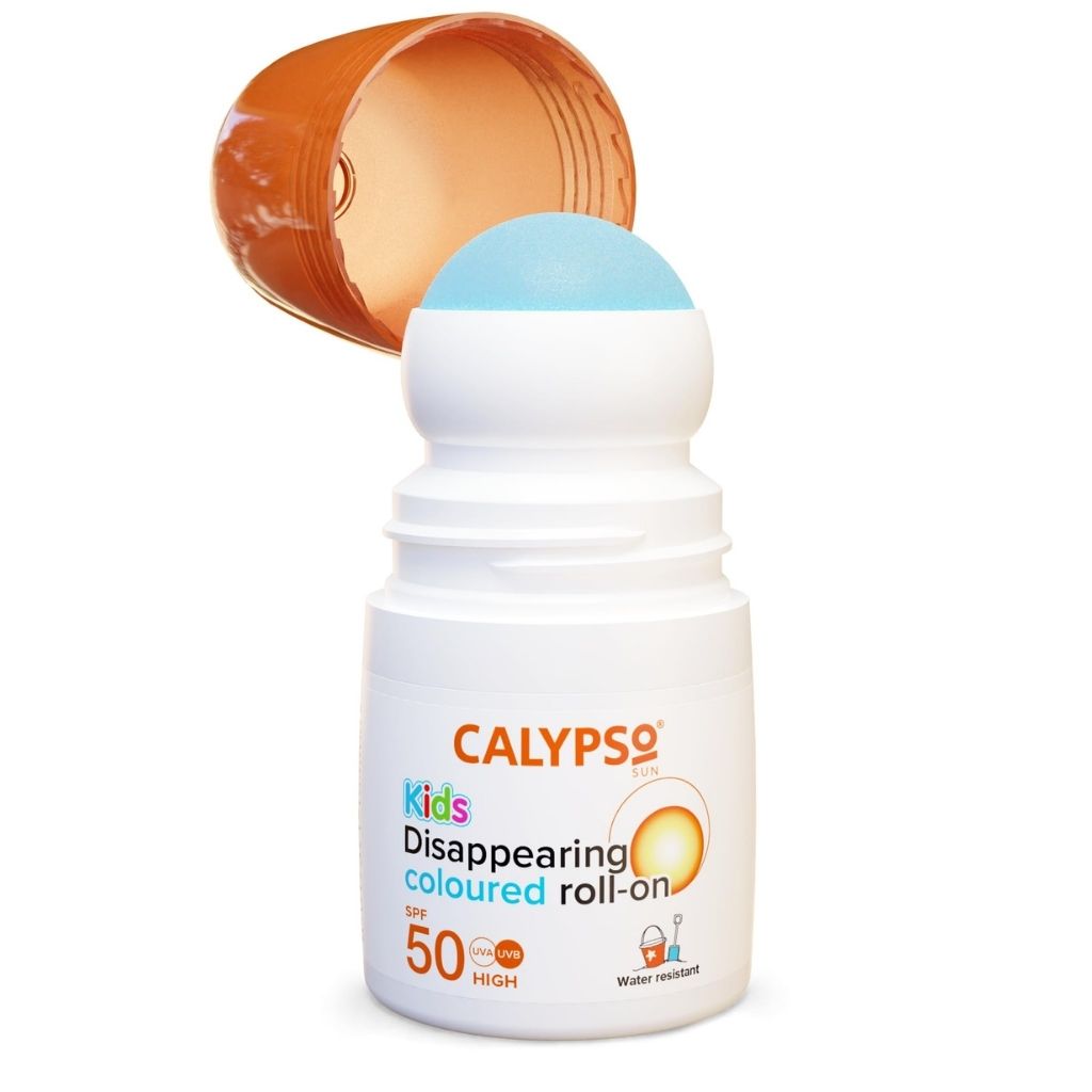 Calypso Kids Disappearing Coloured Roll-on sunscreen on a white background