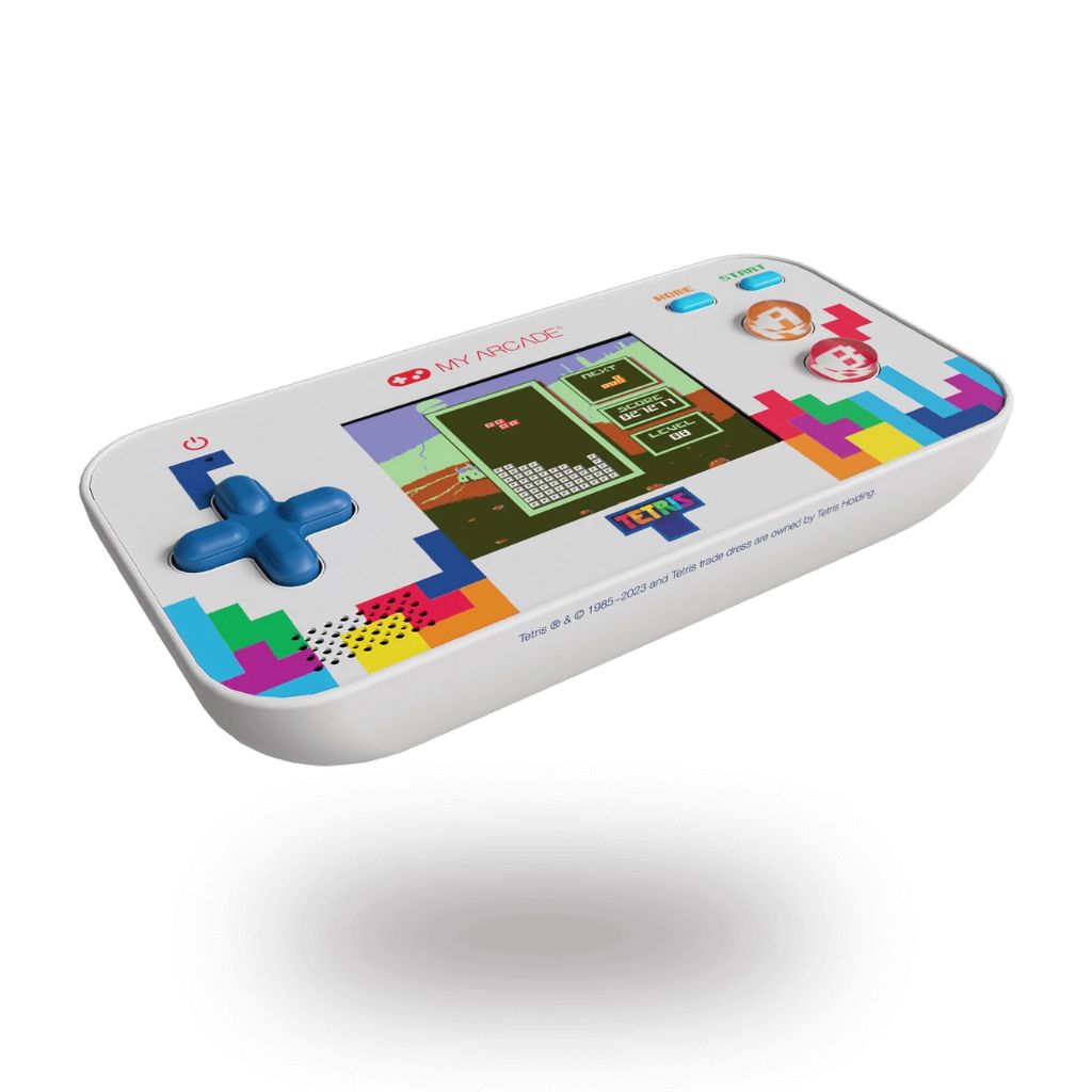 Handheld gaming console with colorful display and game buttons on a white background