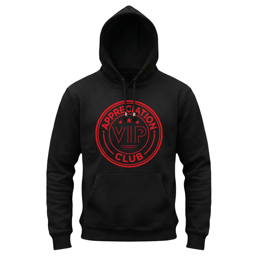 Black hoodie with red 'VIP Club' logo on a white background