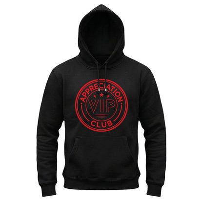 Black hoodie with red 'VIP Club' logo on a white background