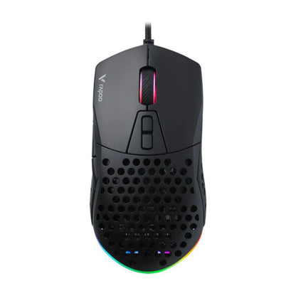 Black gaming mouse with RGB lighting on a white background