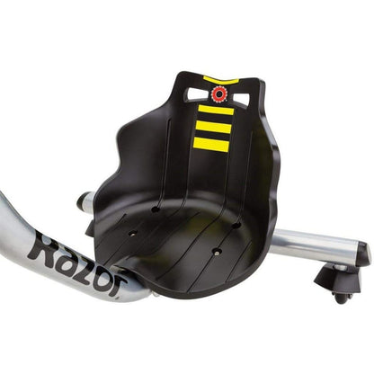 Black bike seat with yellow stripes on a white background