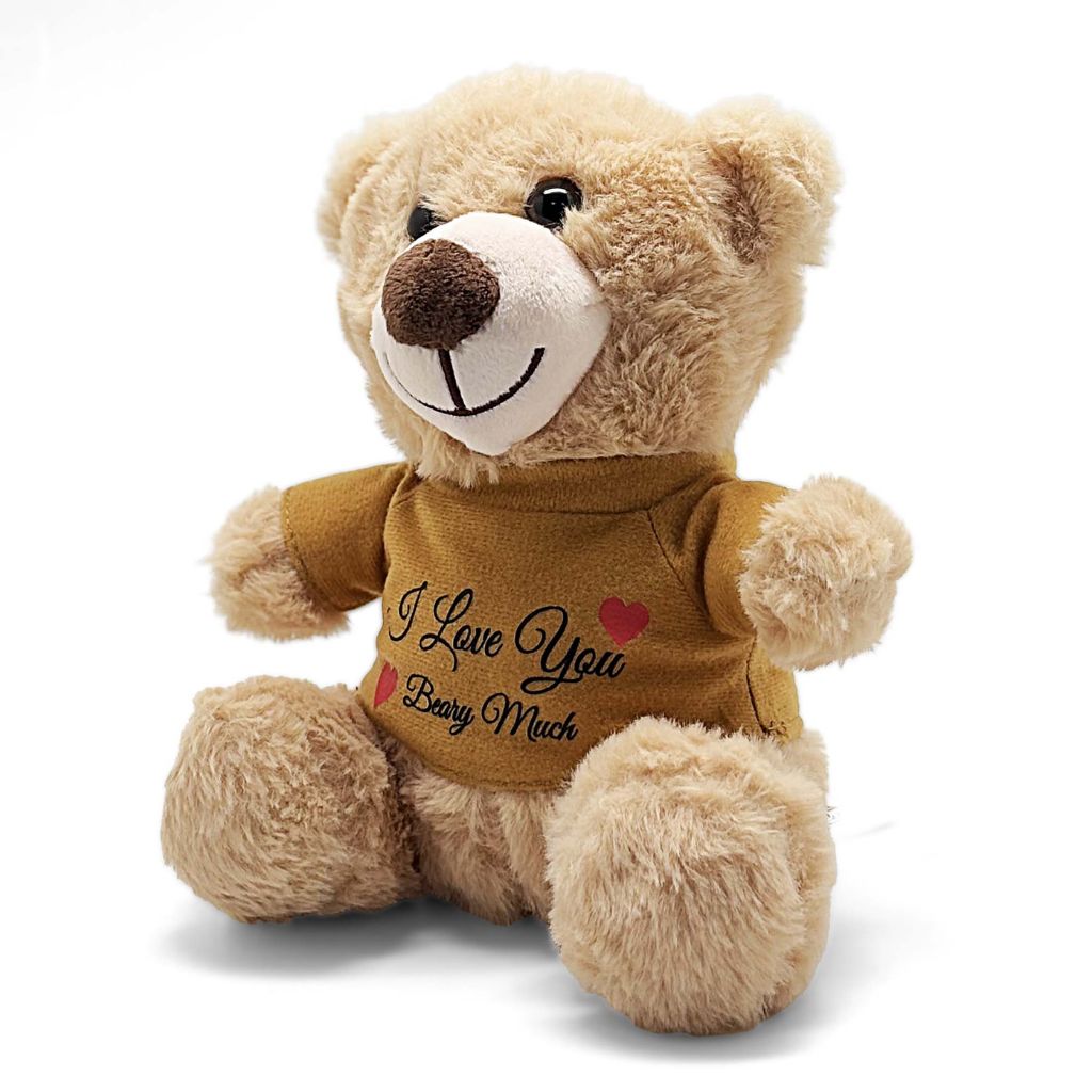 Plush teddy bear wearing a brown shirt with 'I Love You Very Much' text on a white background