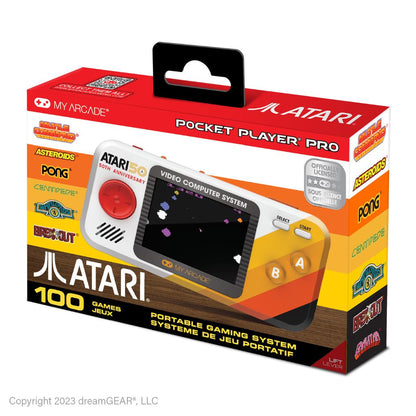 Atari Pocket Player Pro packaging with classic games logos on a white background