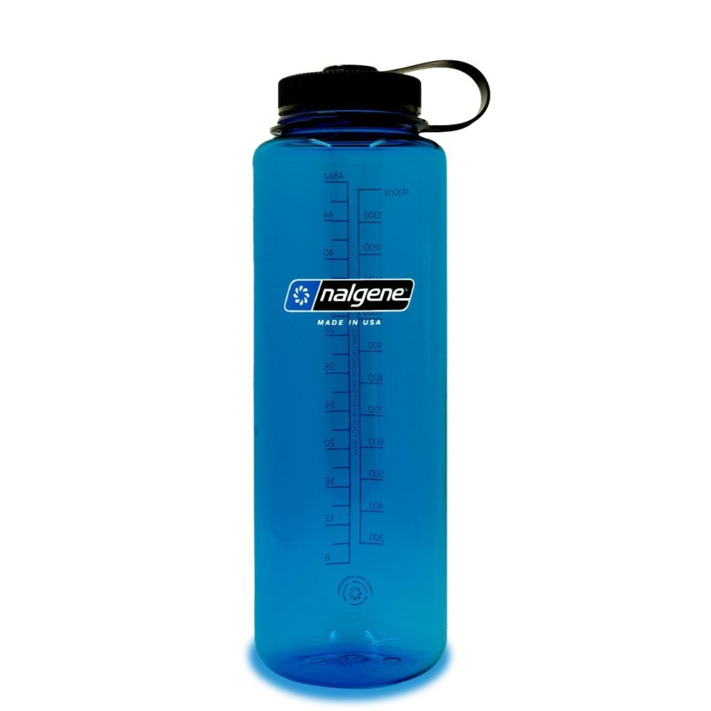 Blue Nalgene water bottle with black lid on a white background