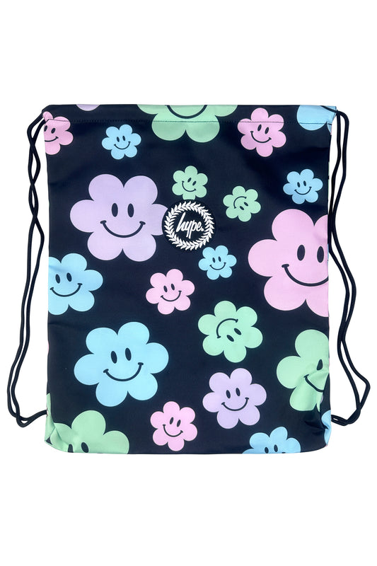 Drawstring Sports Bag- Black Happy Flowers