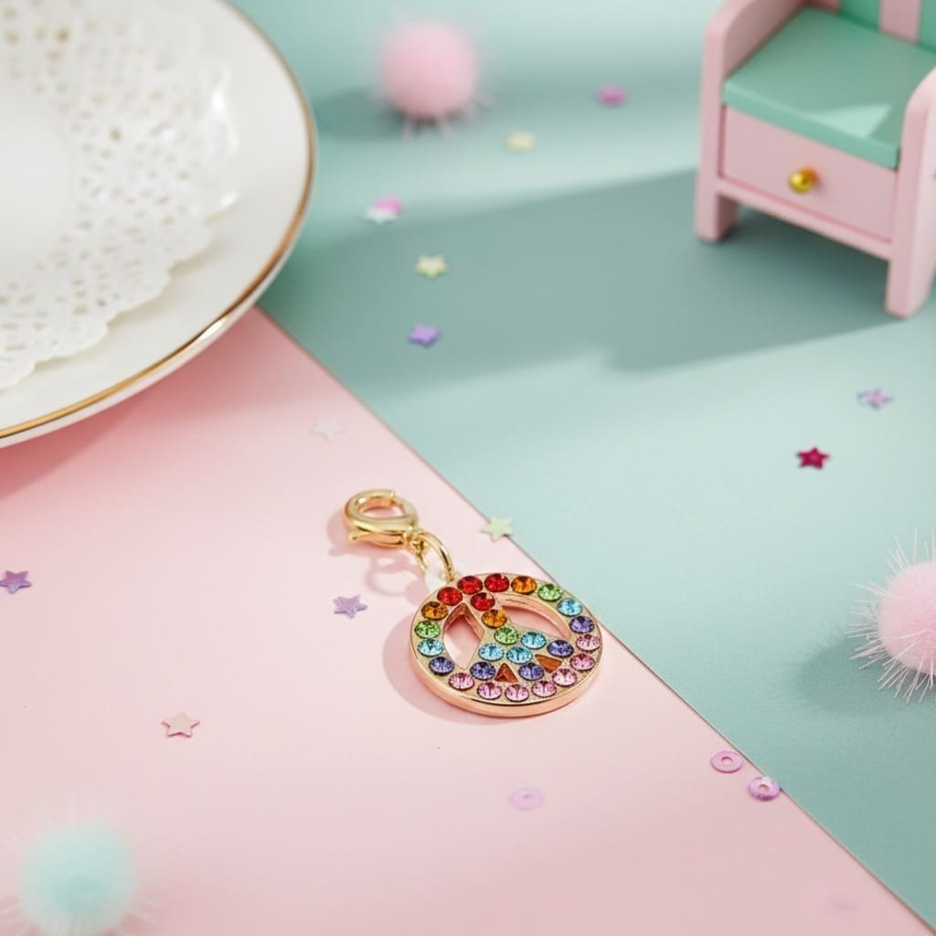 Colorful keychain on a pastel background with toys and decorative elements.