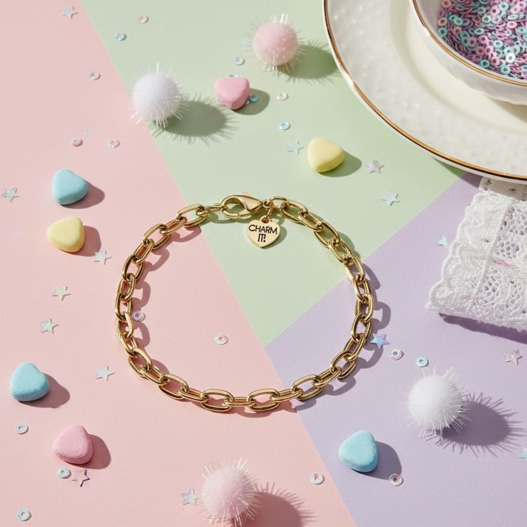 Gold chain bracelet with a charm on a colorful geometric background