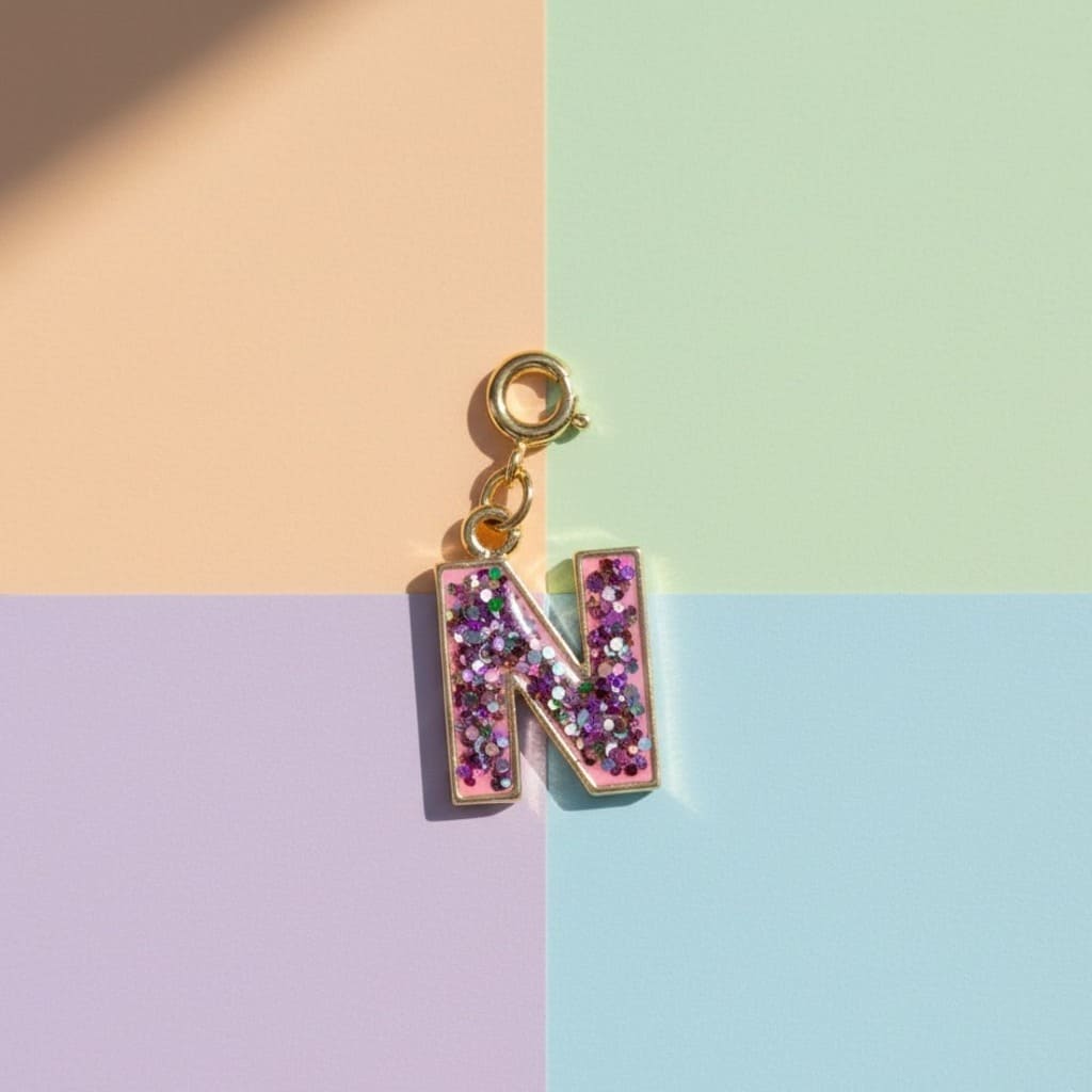 Gold charm with letter 'N' made of colorful glittery material on a pastel background