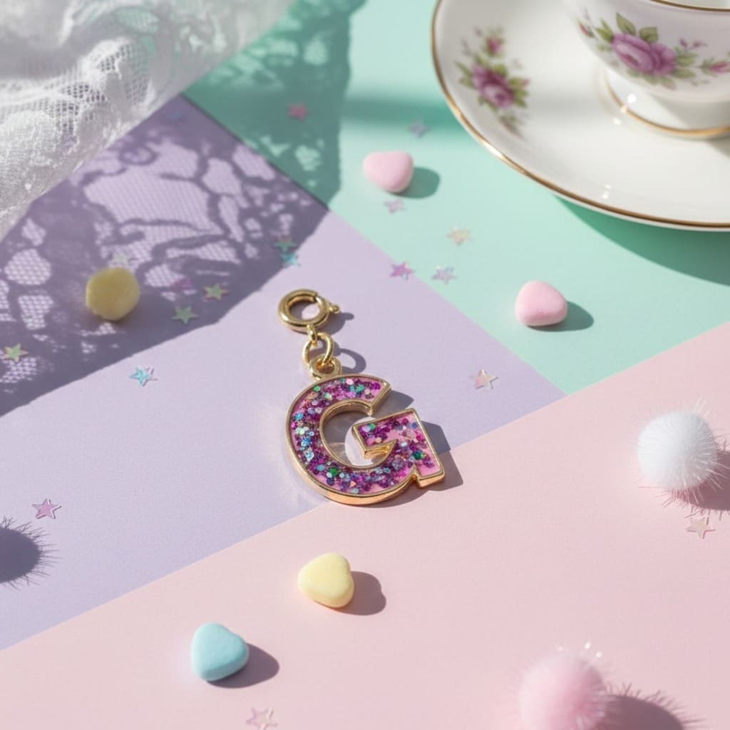 Gold letter 'G' charm with colorful crystals on a pastel background