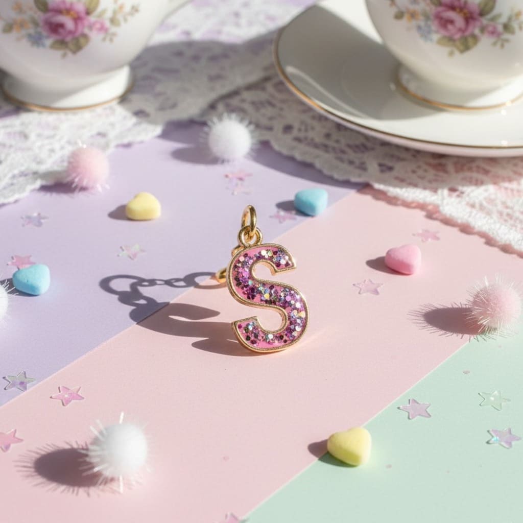 Gold letter 'S' charm on a colorful background with decorative elements