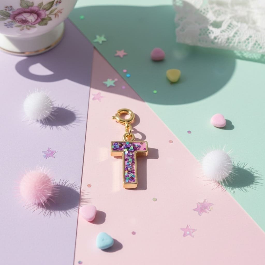 Decorative letter 'T' charm with colorful embellishments on a pastel background