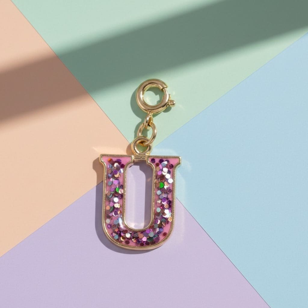 Letter 'U' charm with pink glitter on a colorful geometric background