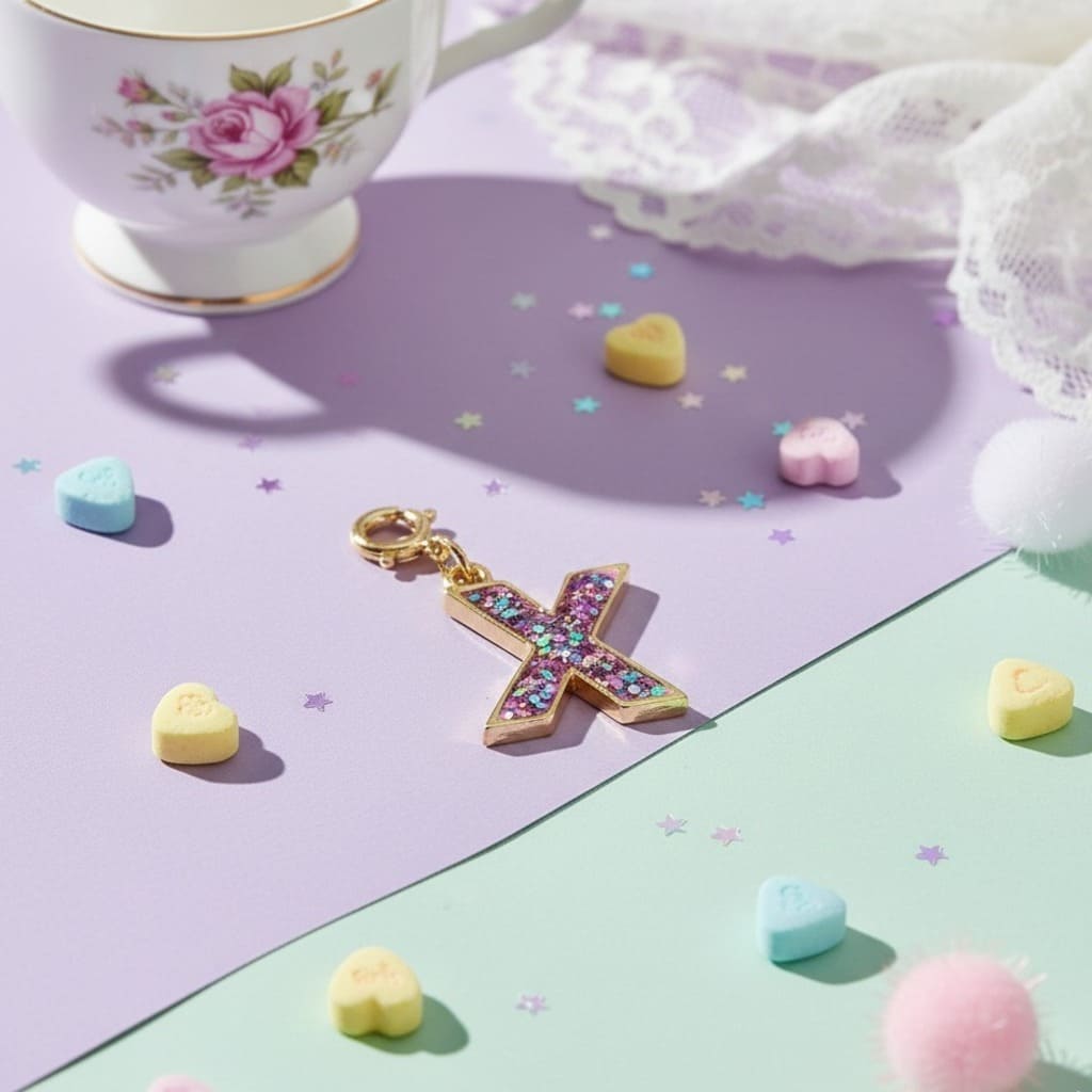 Colorful 'X' charm on a pastel background with candies and a teacup.