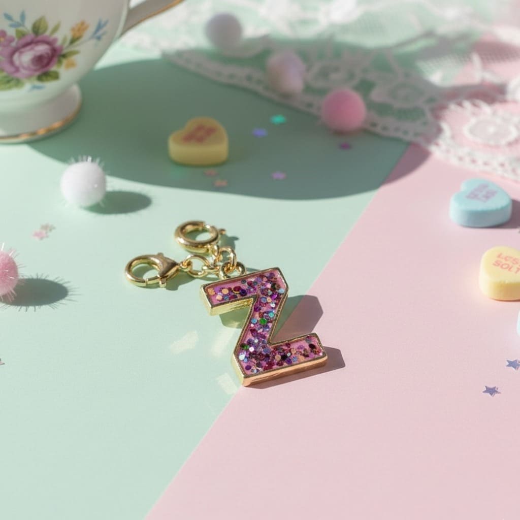 Decorative letter 'Z' charm with colorful stones on a pastel background