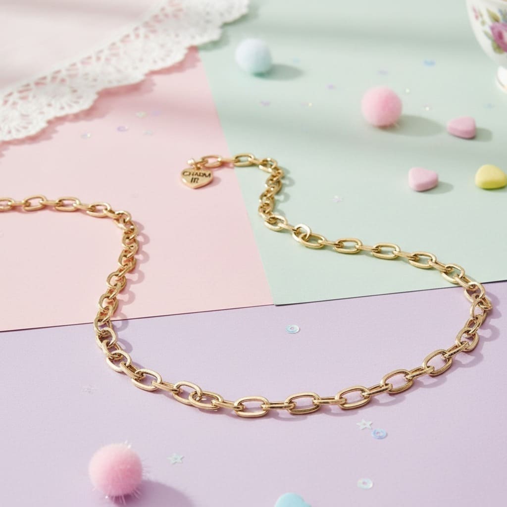 Gold chain necklace on a colorful pastel background with decorative elements.