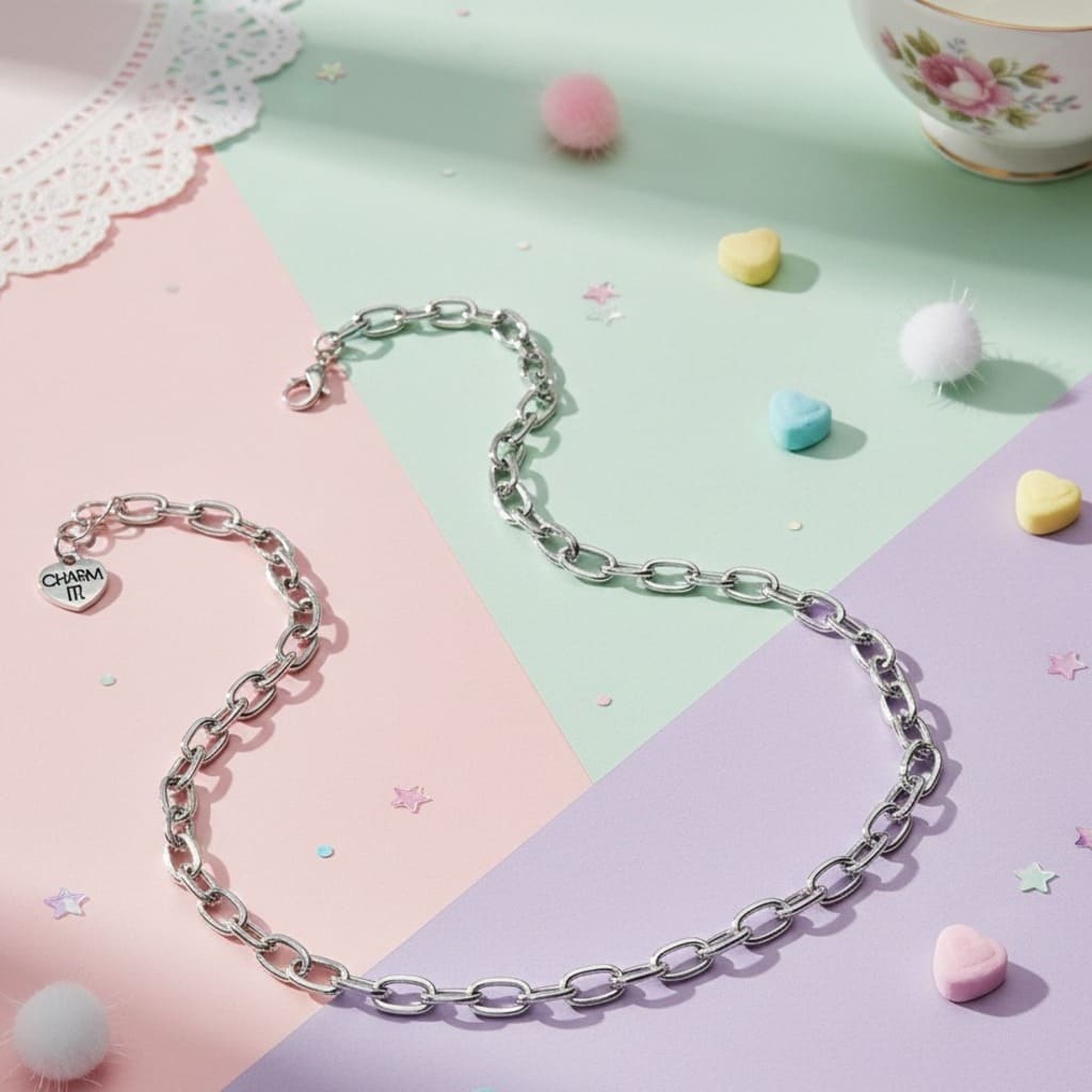 Silver chain necklace on a colorful pastel background with decorative elements.