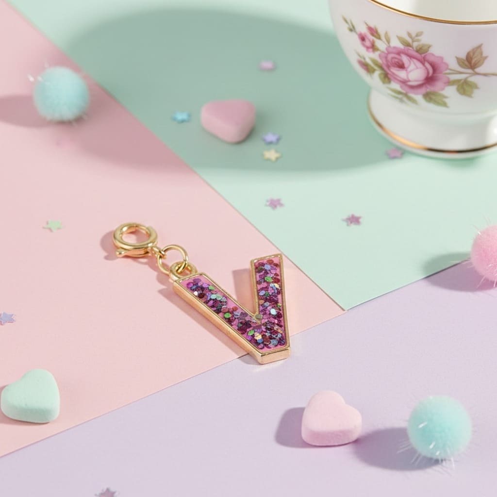 Decorative letter 'V' charm with glitter on a colorful background