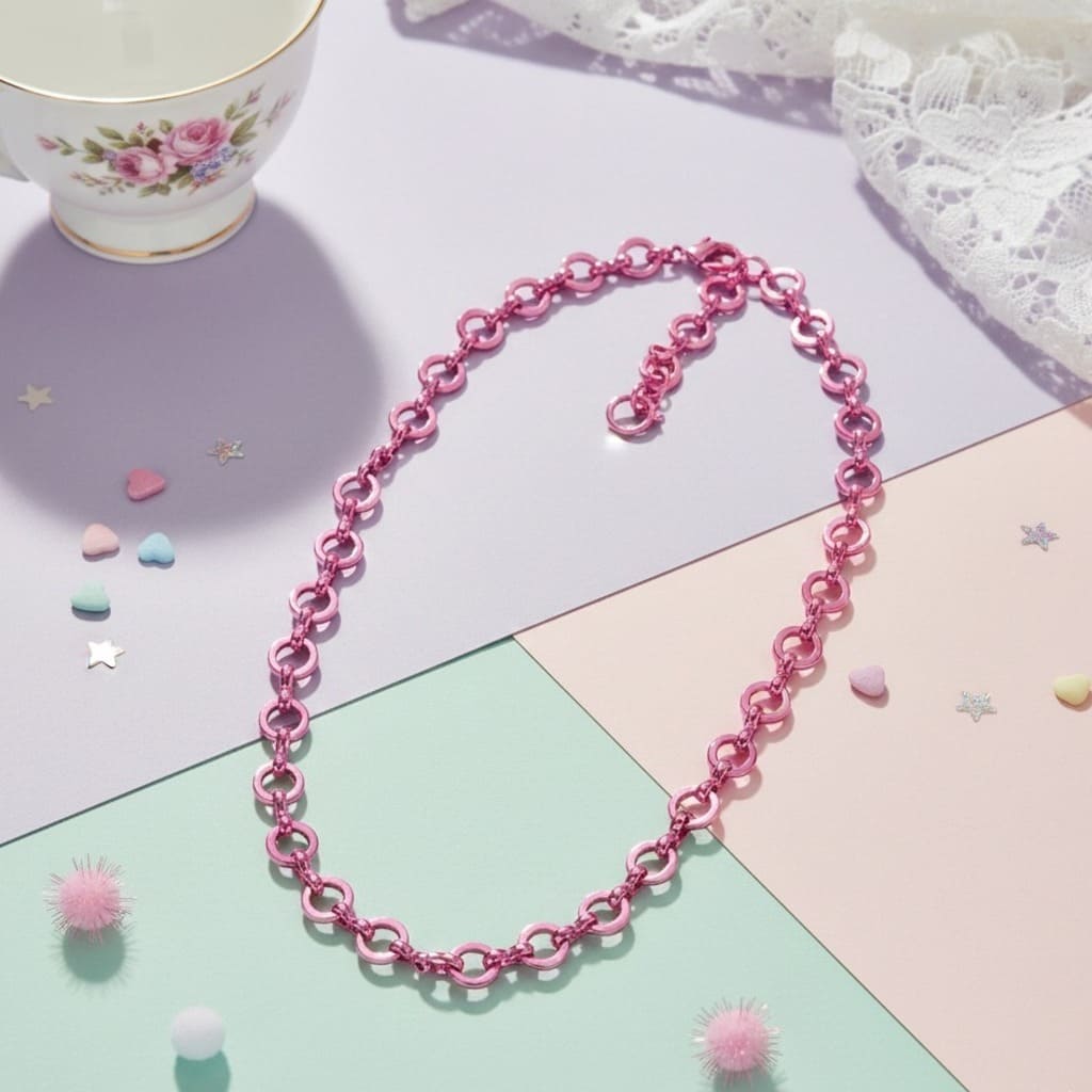 Pink necklace on a pastel surface with decorative elements