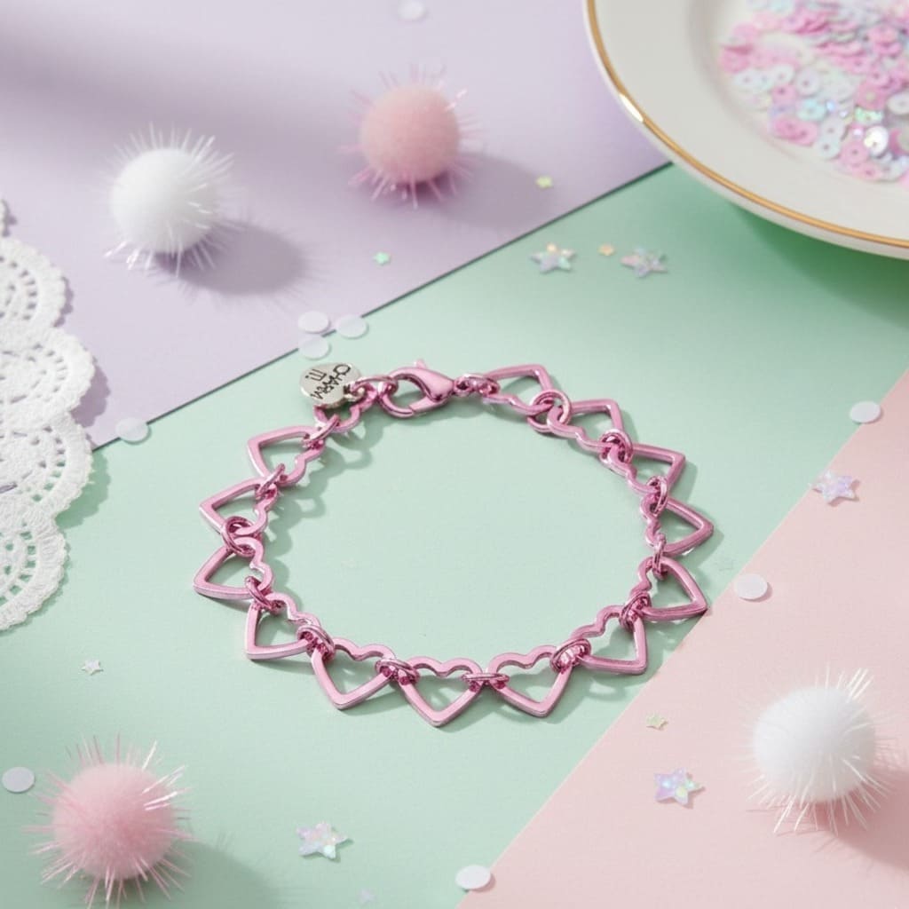 Pink heart-shaped bracelet on a pastel background with decorative elements