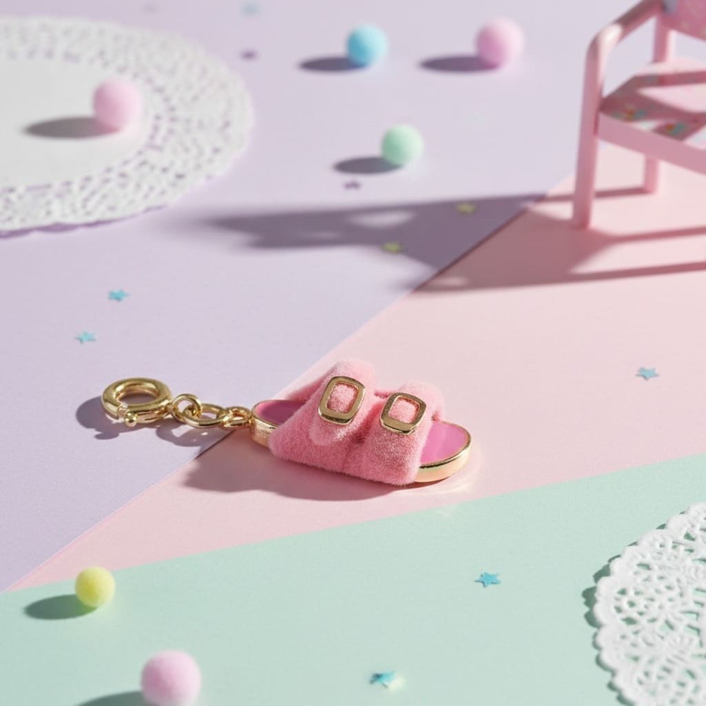 Pink sandal keychain with gold accents on a colorful geometric background