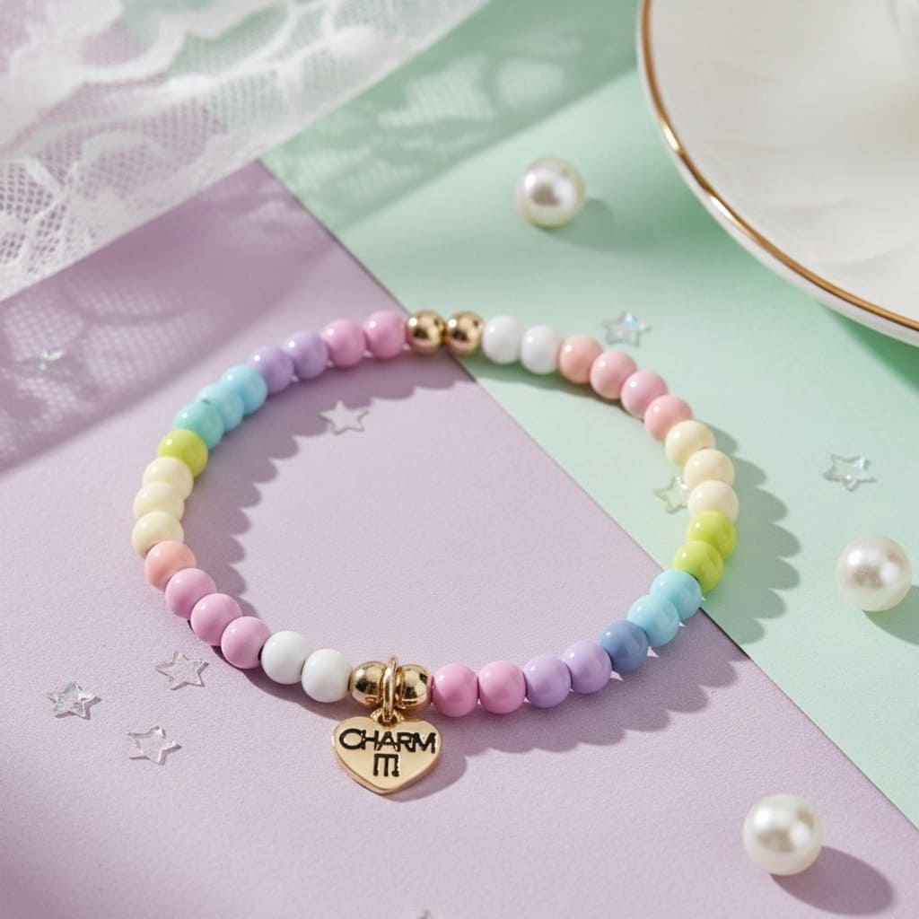 Pastel beaded bracelet with a gold charm on a colorful background