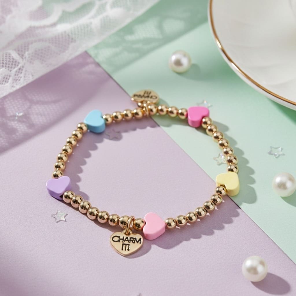Gold bracelet with colorful heart-shaped charms on a pastel background