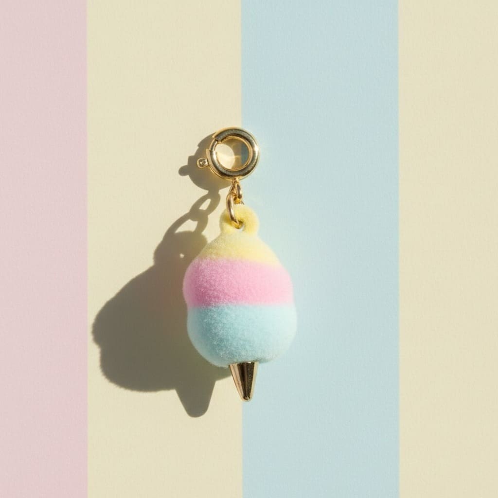 Pastel cotton candy charm on a pastel striped background