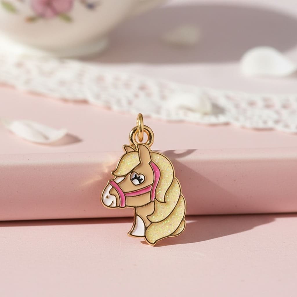 Gold horse-shaped charm with pink bridle on a pink surface