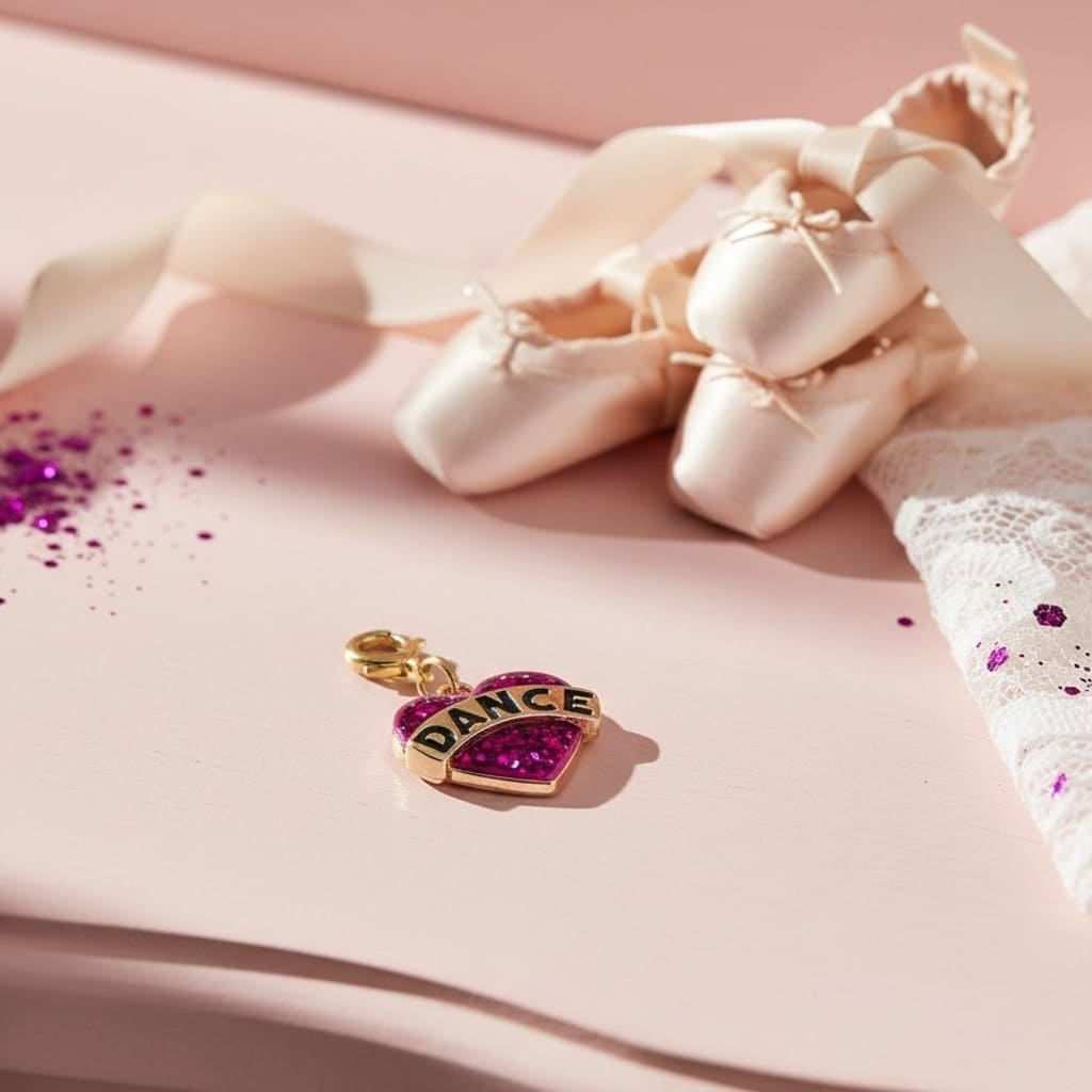 Heart-shaped 'DANCE' charm on a pink surface with ballet shoes and ribbons.