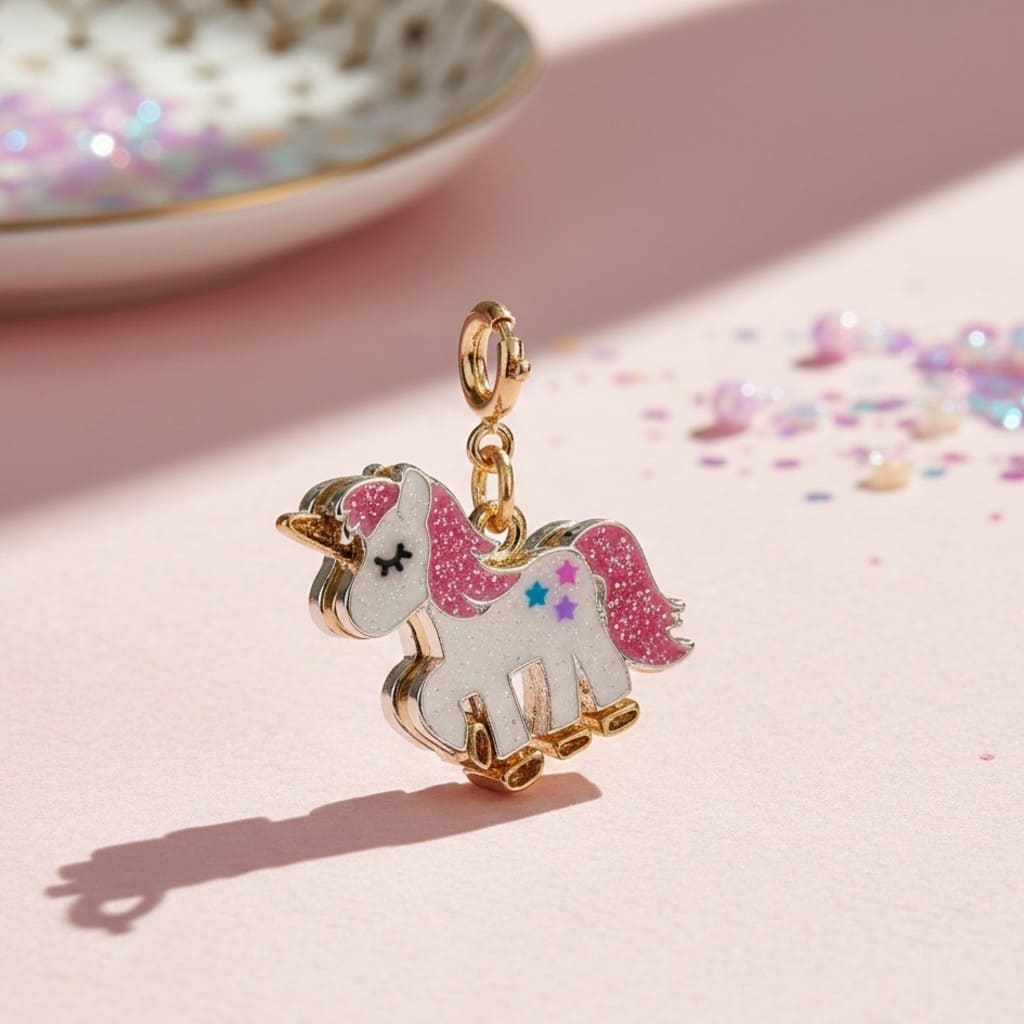 Unicorn charm on a pink background with glittery elements
