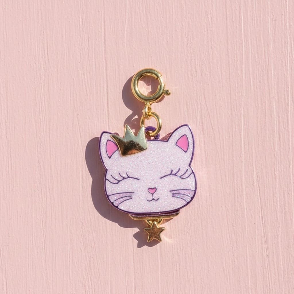 Cat-shaped keychain with gold accents on a pink background