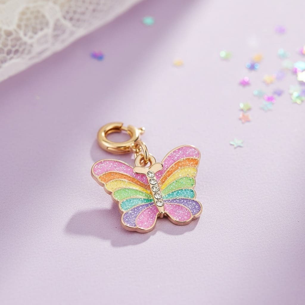 Butterfly charm with pastel colors on a light purple background