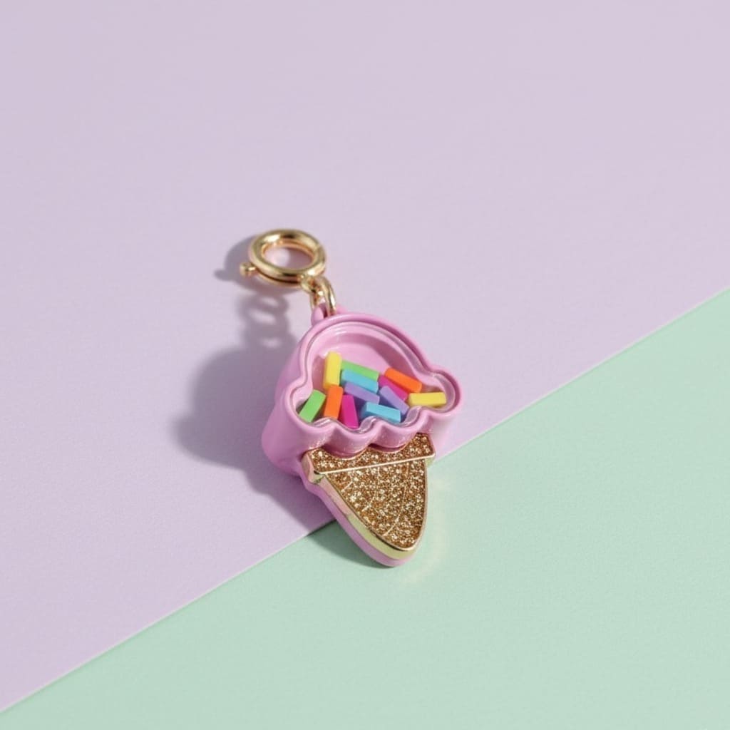 Ice cream cone charm with gold glitter base on a pastel background