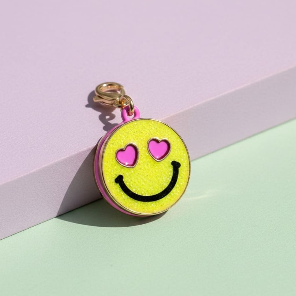 Smiley face charm with pink hearts on a pastel background