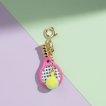 Tennis racket charm with a tennis ball on a colorful background