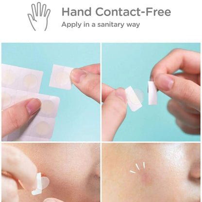 Step-by-step guide on applying a patch with text 'Hand Contact-Free Apply in a sanitary way' on a light blue background.