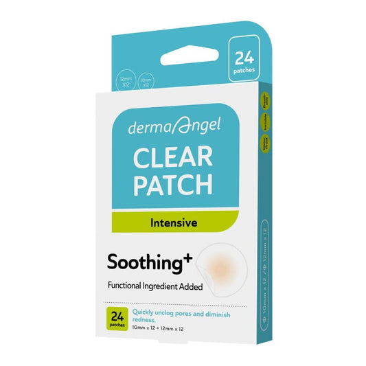 Packaging of dermaAngel Clear Patch Intensive Soothing+ on a white background