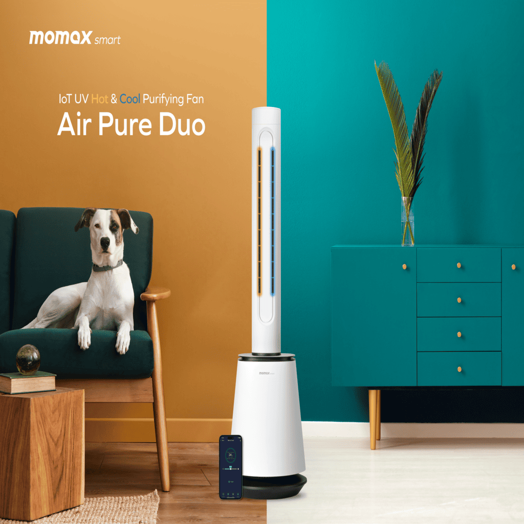 Momax Smart Air Pure Duo purifying fan in a room with a dog on a chair and a plant.