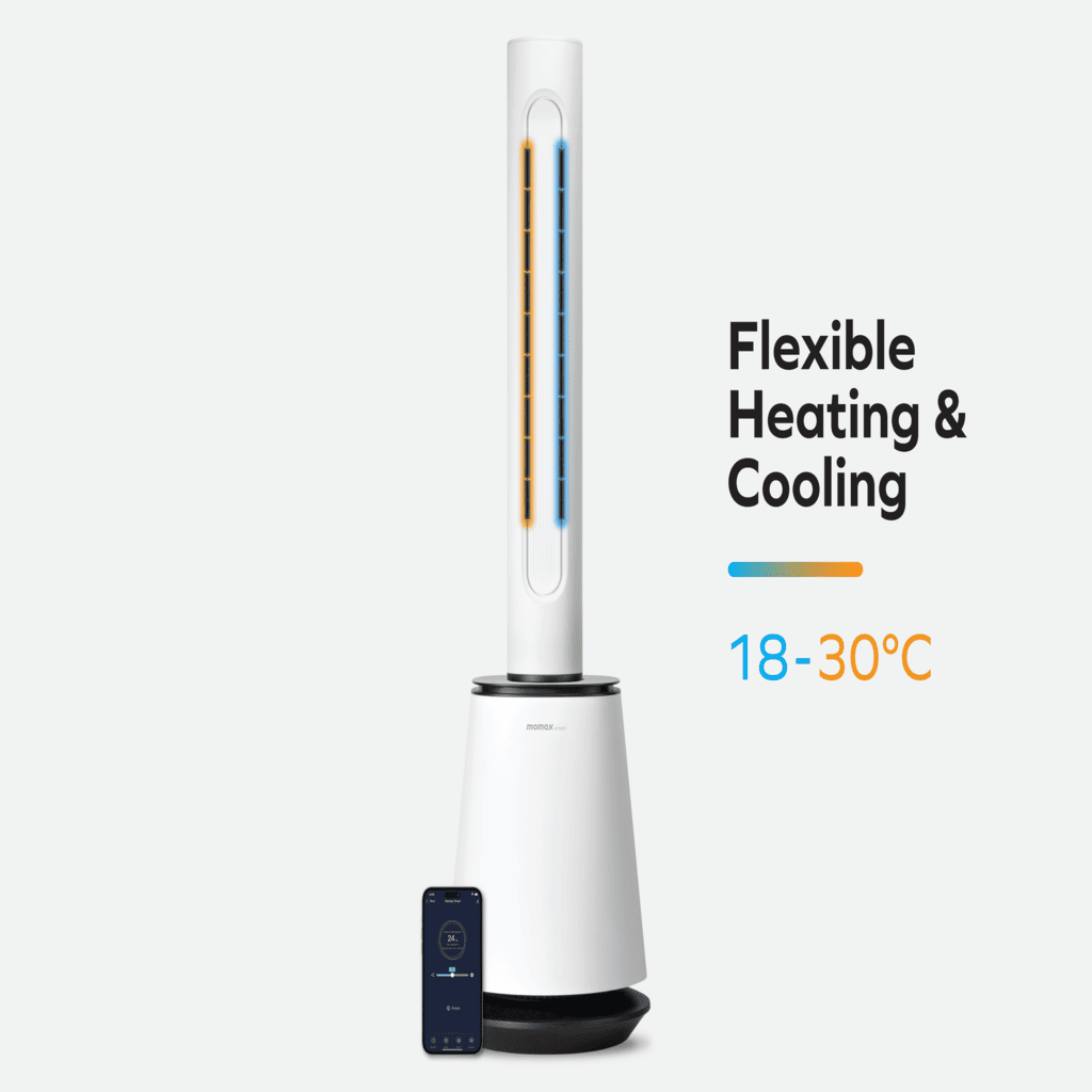 White air conditioner with digital display and remote control on a white background