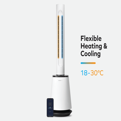 White air conditioner with digital display and remote control on a white background