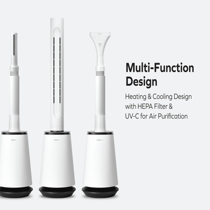 Three white air purifiers with black bases on a white background, featuring text about their multi-function design.