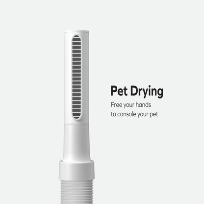 White pet dryer on a light gray background with text 'Pet Drying' and 'Free your hands to console your pet'.