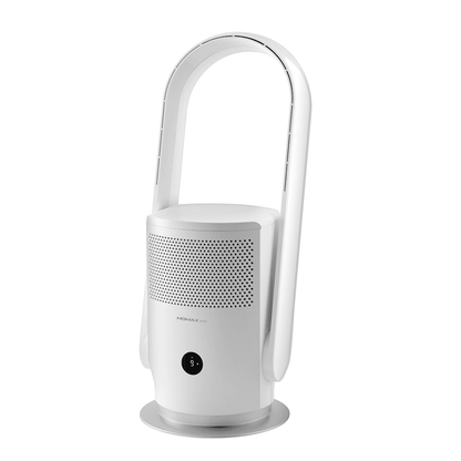 White portable air purifier with a handle on a white background