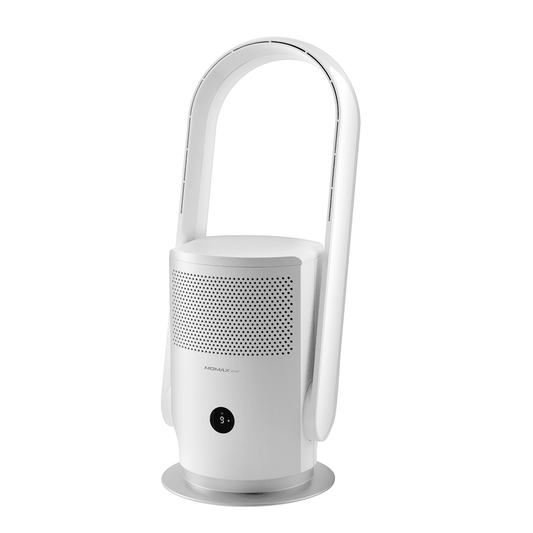 White portable air purifier with a handle on a white background