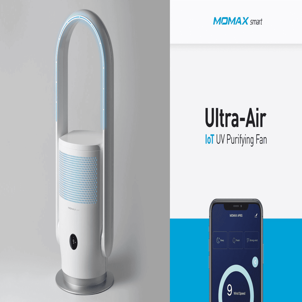 Momax Ultra-Air UV Purifying Fan with smartphone app interface on a gray background