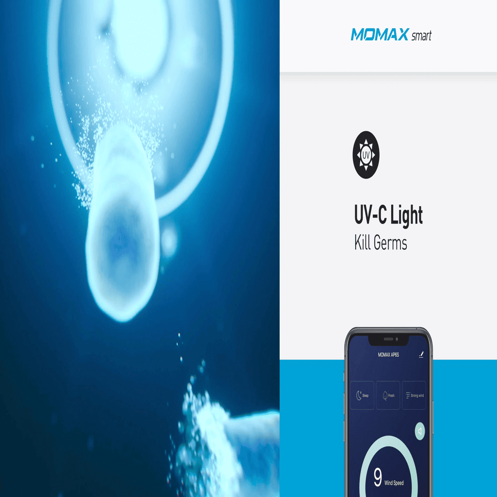 Advertisement for UV-C light device with MOMAX smart branding and smartphone app interface.