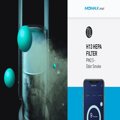 Momax smart air purifier with H13 HEPA filter and smartphone app interface.