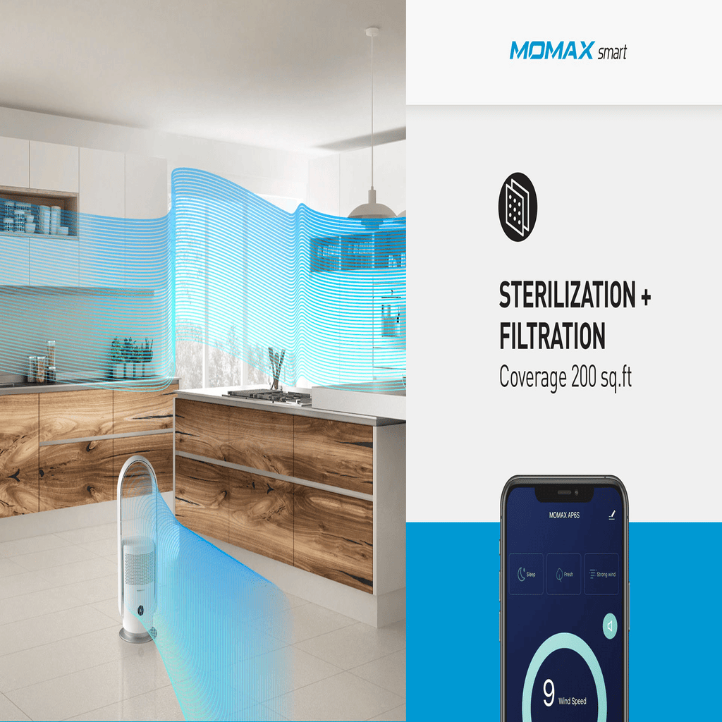 Modern kitchen with Momax smart sterilization and filtration device and smartphone app.